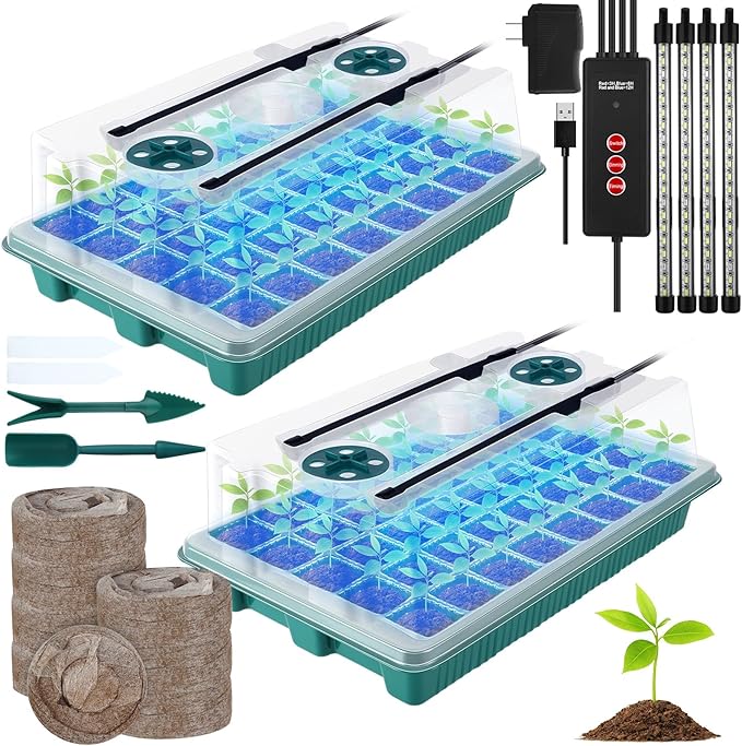 2 Packs 80 Cells Seed Starter Trays Kit with 4 Grow Light Seed Starter Kit Seedling Starter Trays with Humidity Dome and 80 Pcs Peat Pellet for Garden Seeds Propagation Seedlings