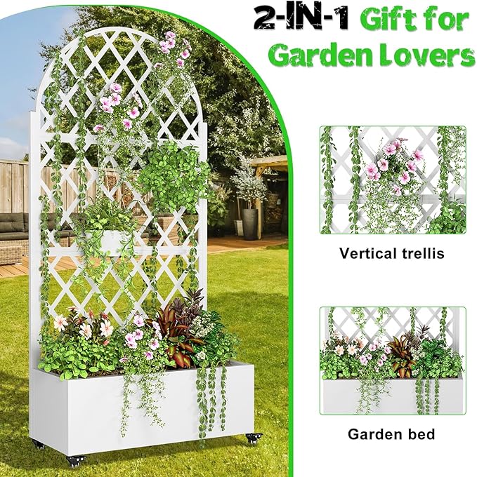 Galvanized Steel Planter Box with Trellis 72.8 H Vertical Garden &amp Privacy Screen Space-Saving Design with Wheels and Drainage Holes for Outdoor Rust-Resistant Raised Garden Bed Black