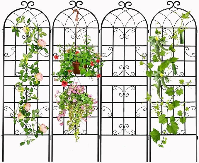 YOBAZAN 4 Pack 72x20in Rustic Iron Arch Decoration Garden Trellis with Black Metal Coating – Perfect for Supporting Climbing Plants Outdoor Roses Vines Flowers and Vegetables.