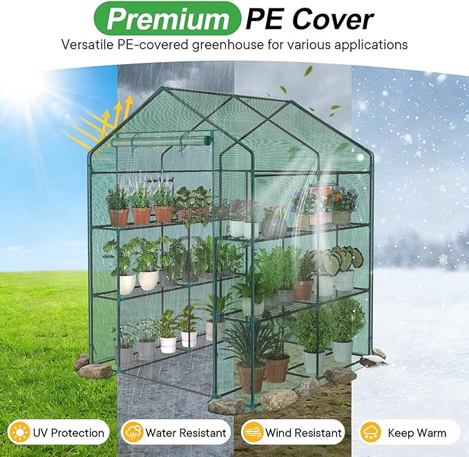 NEWBULIG Walk-in Greenhouse 56.3x56.3x76.7 Outdoor Portable Greenhouse Kit with Thick PE Cover &amp Roll-Up Zipper Door Sturdy Steel Frame with Window for Backyard Patio Garden Dark Green