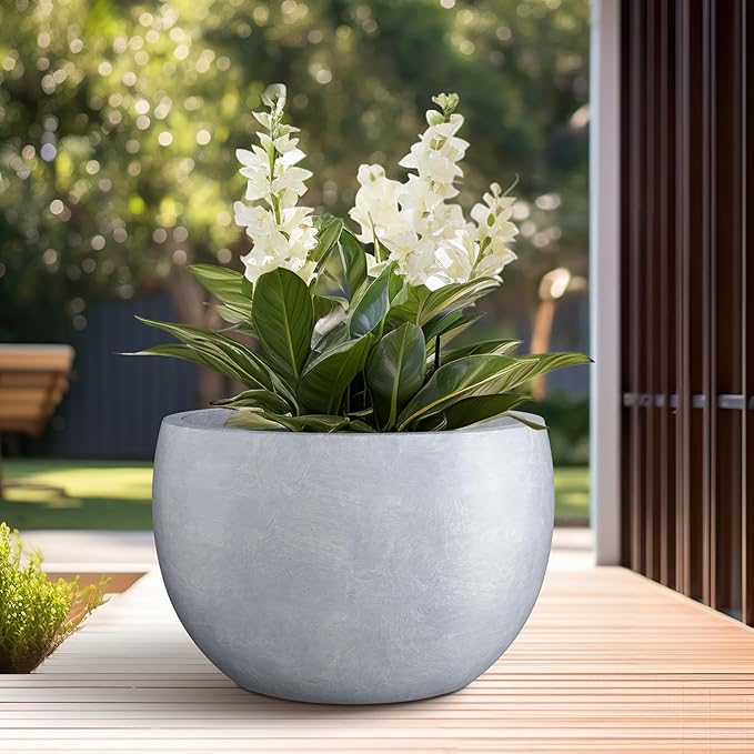 Kante 19.9 Dia Lightweight Concrete Outdoor Round Bowl Planter Outdoor/Indoor Large Planters Pots with Drainage Hole for Garden Patio Balcony Deck Living Room Slate Gray