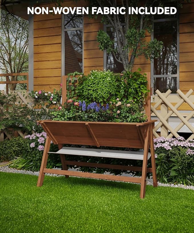 CABIHOME 2-in-1 Raised Garden Bed with Legs Large Elevated Wooden Raised Planter Box with Vine Climbing Trellis-Standing Growing Bed for Growing Vegetables Flowers Herbs