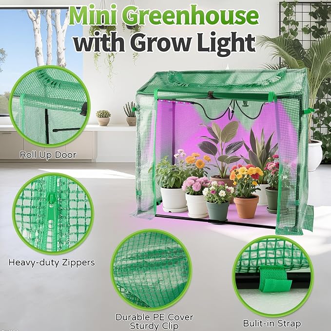 Mini Greenhouse with LED Grow Light &amp Timer 36×20×33 Portable PE Plant Tent for Indoor Seed Starting Balcony Garage &amp Small Space Gardening