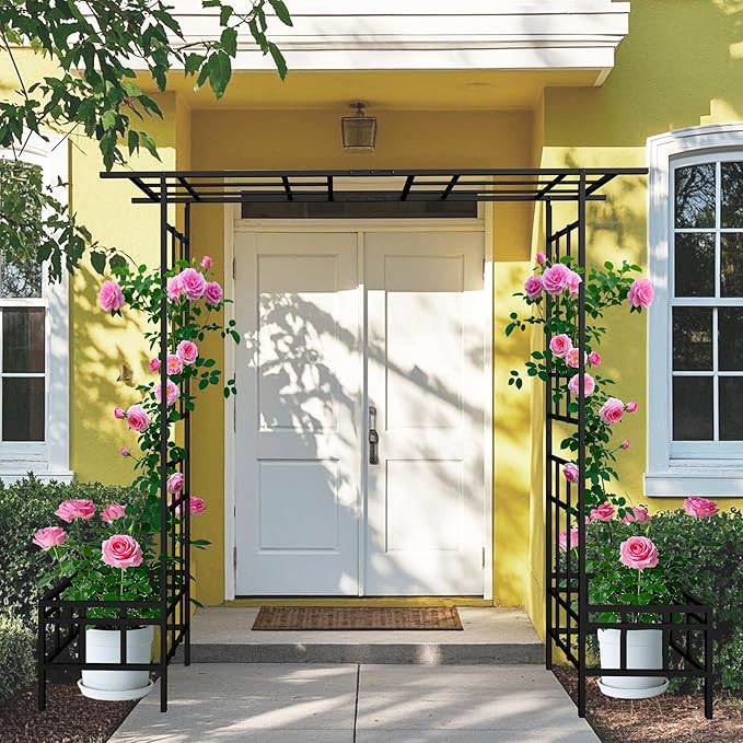 Metal Garden Arch Trellis for Climbing Plants Adjustable Width 68.11 to 94.29 Outdoor Rose Arbor with Flat Top Ceremony Decoration Archway for Wedding Events Lawn Patio Decor
