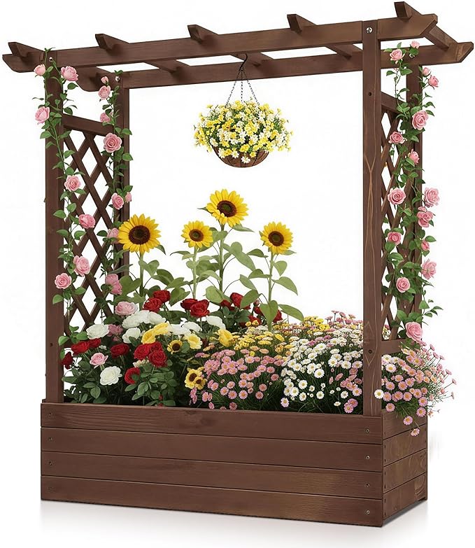 Outvita Raised Garden Bed with Trellis Wood Planter Box with Hanging Roof Side Trellis and Drainage Holes Above Ground Elevated Garden Bed for Outdoor Climbing Plants Vegetables(Carbonized Color)