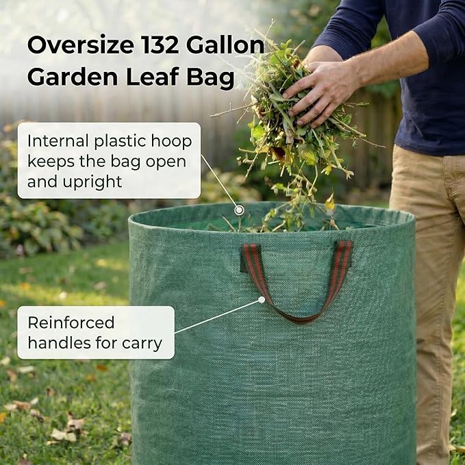 Gardzen 2-Pack 132 Gallon Yard Waste Bags Reusable Heavy Duty Collapsible Garden Leaf Bags with Plastic Ring Stand-Up Yard Waste Bin for Leaves Lawn Debris &amp Grass Clippings
