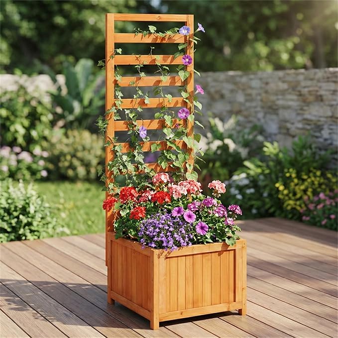 2-in-1 Wooden Raised Garden Bed with Trellis 48 Vertical Planter Box for Climbing Plants Vegetables &amp Flowers Outdoor Wood Privacy Screen for Patio Balcony &amp Backyard Natural Fir Wood