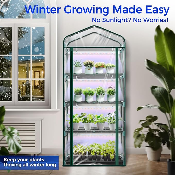 Indoor Greenhouse with Grow Light Ohuhu 4-Tier Mini Green House for Winter - Full Spectrum Greenhouses for Seed Starting Small Portable Green Houses Waterproof PVC Cover &amp Adjustable Shelves