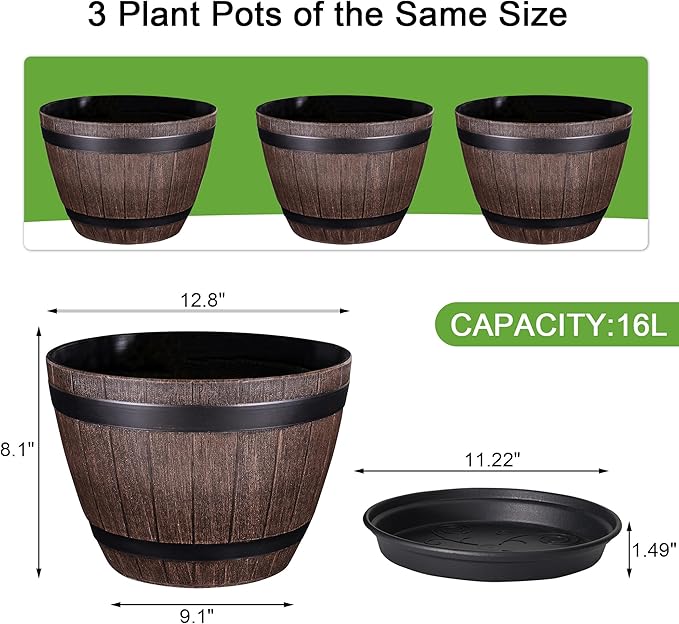 VECELO Plant Pots with Drainage Holes &amp Saucer 13 Inch Flower Pots with Tray 3 Pack Plastic Whiskey Barrel Planters for Indoor &amp Outdoor Garden Home Plants and Flowers