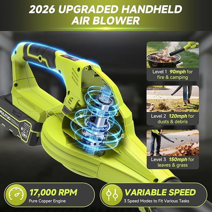 Leaf Blower Cordless with 2X 4.0Ah Batteries and Charger 150MPH Lightweight Cordless Blower 3 Speeds Small Electric Leaf Blowers for Lawn Care Patio Yard Leaves Grass Dust (Green)