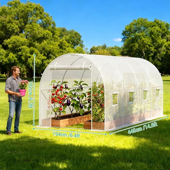 Premium 14.6x6.4x6.3 Ft Greenhouse for Outdoors Large Walk-in Heavy Duty Galvanized Steel Frame Mesh Door Screen Window Tunnel Hoop Garden Plant Winter Hot House for Backyard Plants Shed White