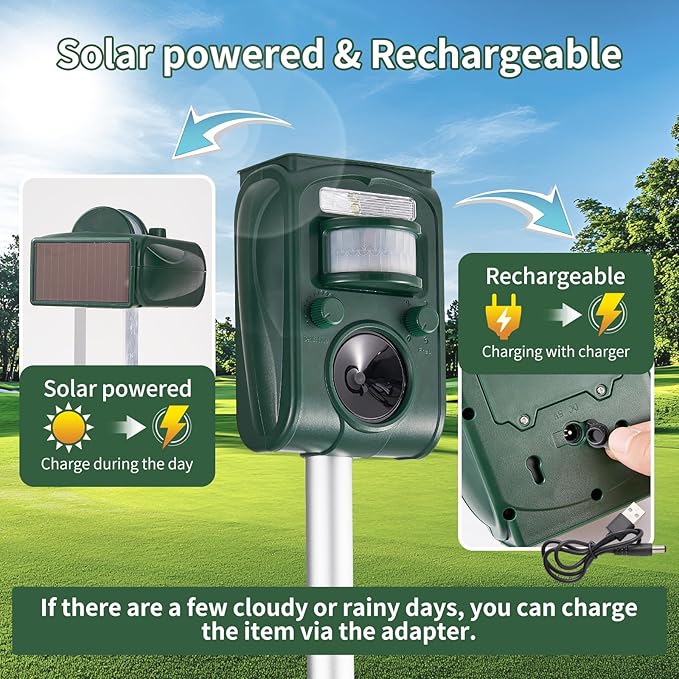 Upgraded Solar Ultrasonic Squirrel Deer Repellent Devices Motion Detection 5 Adjustable Modes Cat Raccoon Rabbit Dog Deterrent Animal Repellent with Waterproof for Yard 2P Dark Green