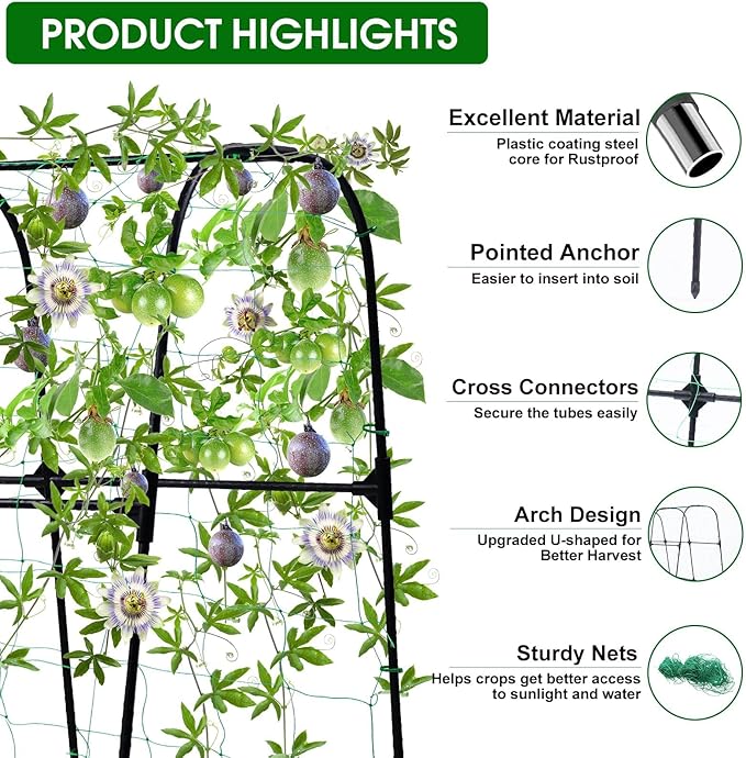 Garden Trellis for Climbing Plants Outdoor Cucumber Trellis for Raised Bed Garden Arch Trellis Support for Cucumbers Tomatoes Beans Peas 50x48 inch Metal Trellis with Netting Black