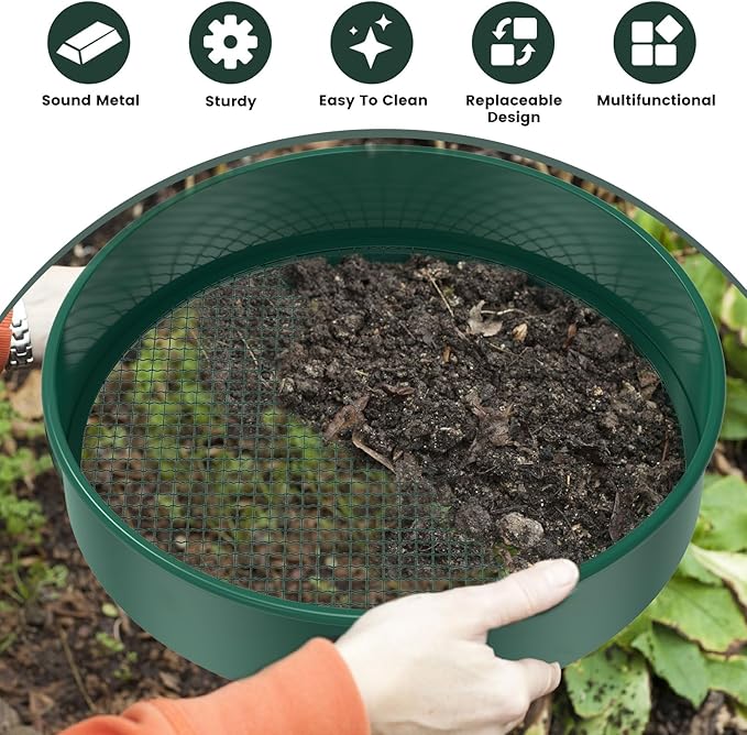 Soil Sifter for Gardening 12 Inch Dirt Garden Sieve Soil Sifter with 4 Replaceable Fine Screens and 2 Gardening Tools Rock Sieve Sifter Soil Sieve Sifter Set Sifting Pan