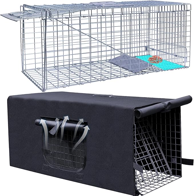 Live Animal Trap Cage with Cover Cat Trap for Stray Cats 42 Inch Heavy Duty Folding Skunk Traps with Real Door for Raccoons Opossums Groundhogs Skunks Feral Cats Squirrels