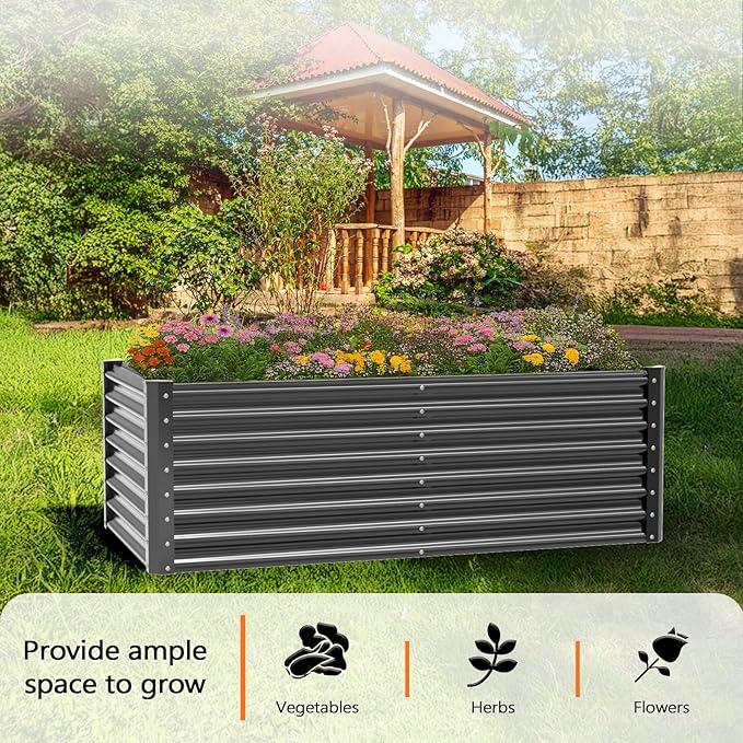 VINGLI Galvanized Raised Garden Beds Outdoor 6x3x2 Ft 8x4x2 Ft Lager Metal Planter Raised Beds for Planting Vegetables Flowers Herb (6 * 3 * 2（Square）)