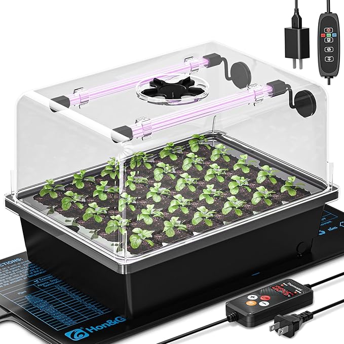 Hon&ampGuan 1 Pack Seed Starting Kit - 30 Cell Seed Starter Tray with Higher 5.3” Humidity Dome LED Growing Lights and 10x20.75 Seedling Heat Mat Adjustable Vents - Germination &amp Plant Propag