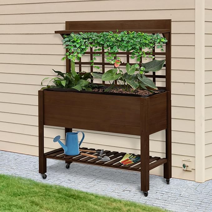 5ftx2ft Eco-Friendly Heavy-Duty Premium Durable Sustainable Natural Wooden Elevated Garden Bed with Wheels Trellis Storage Shelf Dark Brown