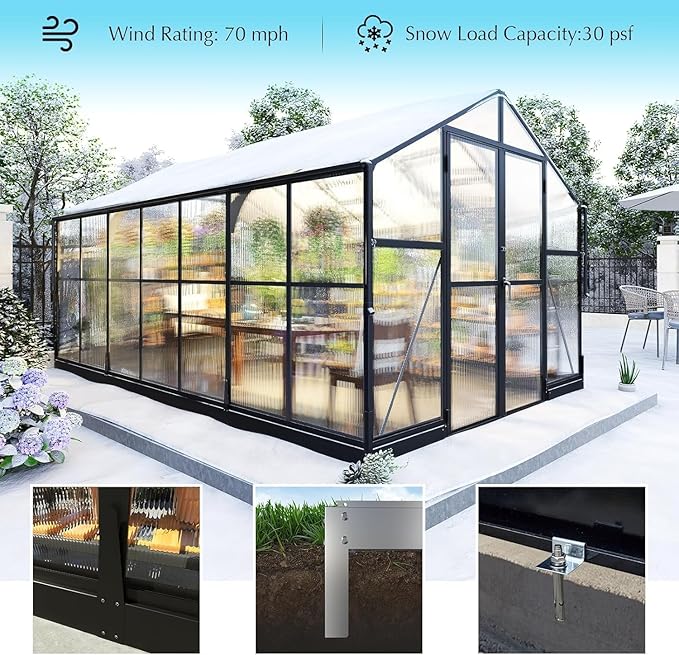 AMERLIFE 8x14x7FT Polycarbonate Greenhouse Walk in Greenhouse with Quick-Connect System Green House with 4 Vent Windows and Swing Door Greenhouses for Outdoors Glossy Black