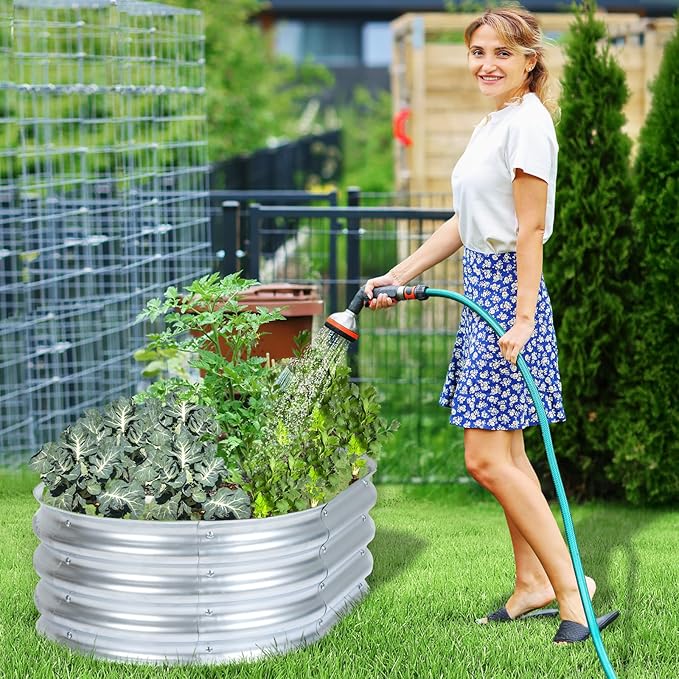 Aoodor Galvanized Raised Garden Bed Kit 3 x 2 x 1 Ft Oval Planter Box for Vegetables Flowers and Herbs Outdoor Use Silver