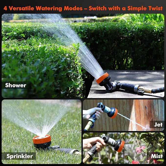 RESTMO Multi-Angle Garden Hose Nozzle with Sprinkler Function Heavy Duty Water Hose Nozzle with 4 Spray Patterns Magic Twist and Thumb Flow Control for Garden Watering Car Washing &amp Yard Orang