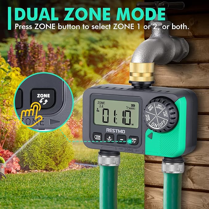 RESTMO Water Timer for Garden Hose Sprinkler Timer with Brass Inlet Automatic Digital Control | Manual ON/Off | Rain Delay for Outdoor Faucet Drip Irrigation and Lawn 2 Outlet