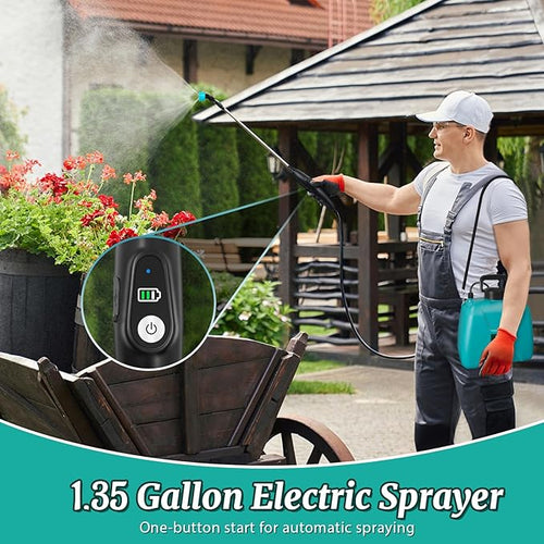 1.35 Gallon Battery Powered Sprayer Electric Garden Sprayer with Rechargeable Handle 3 Mist Nozzles Retractable Wand Water Pump Sprayer with Adjustable Shoulder Strap for Yard Lawn and Garden