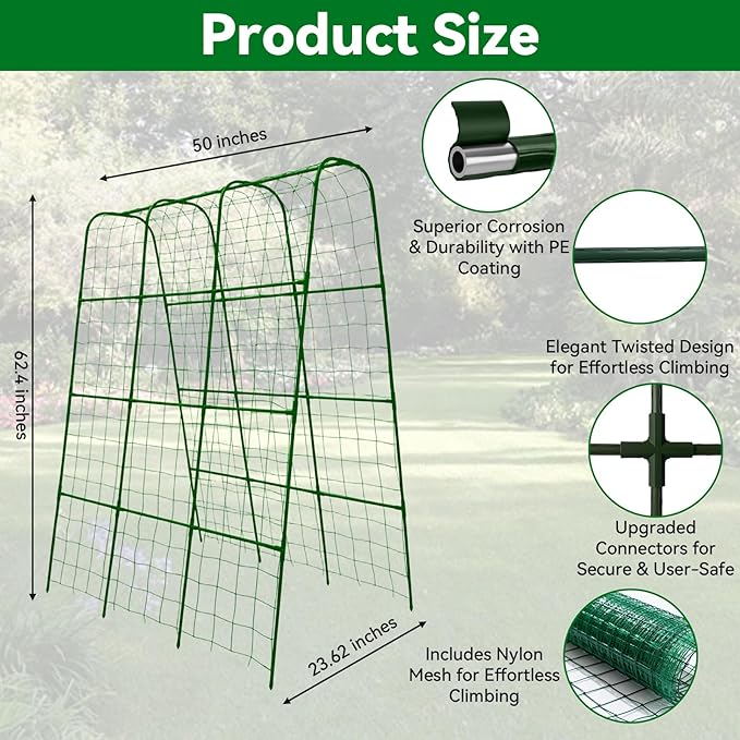 Cucumber Trellis - 62.4*50 Cucumber Trellis for Raised Bed with Plastic-Coated Steel Pipe U-Shape Garden Trellis for Climbing Plants Garden Trellis for Cucumbers Beans(Green)