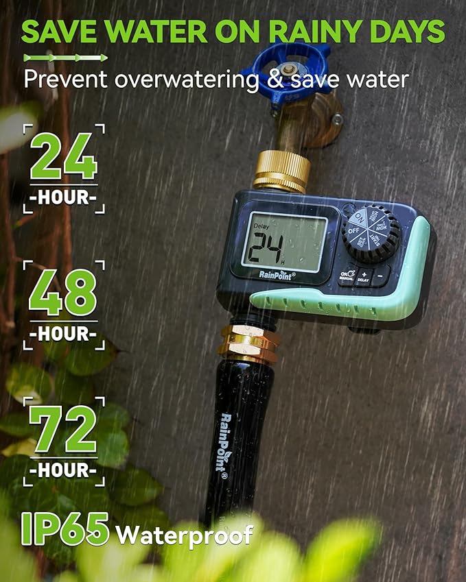 RAINPOINT Sprinkler Timer with Brass Swivel Programmable Water Timer for Garden Hose with Rain Delay/Manual Watering Digital Irrigation System Kit for Lawns 1 Outlet