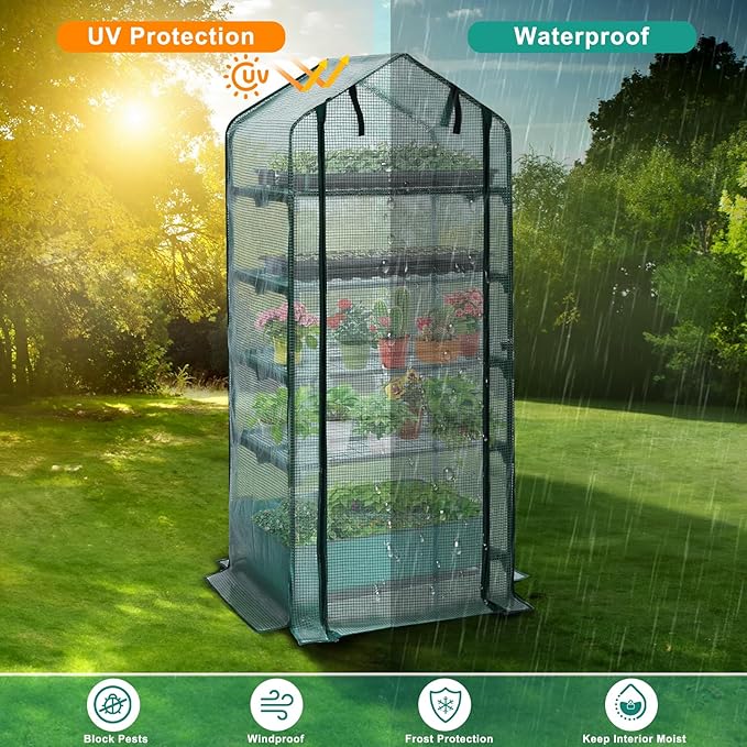 Mini Greenhouse for Indoor Outdoor 5 Tier Shelves Rack Small Green House Heavy Duty with Waterproof Mat Portable Plants Seedling Supplies Durable PE Plastic Cover with Tape Gardening Gifts