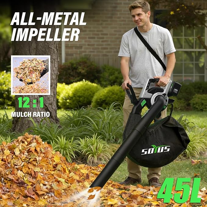 Cordless Leaf Blower &amp Vacuum SOYUS 3-in-1 Leaf Vacuum Mulcher 385CFM with Brushless Motor &amp 5 Speed Control Electric Leaf Blower for Lawn Care Included 45L Bag 2 x 20V 4.0Ah Battery and Ch