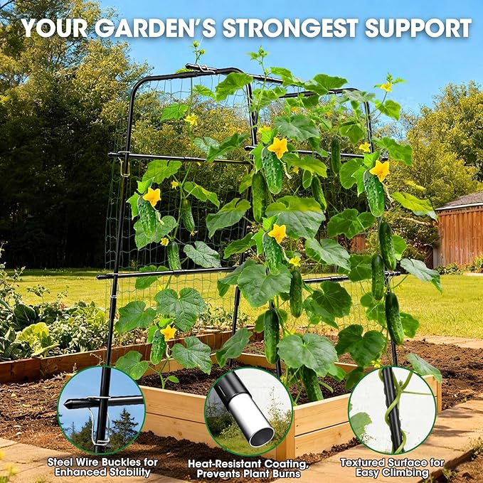 Cucumber Trellis for Raised Bed and Garden 47 H x 31 W U-Shaped Metal Garden Trellis for Climbing Plants with Nylon Netting Vegetable Support Frame