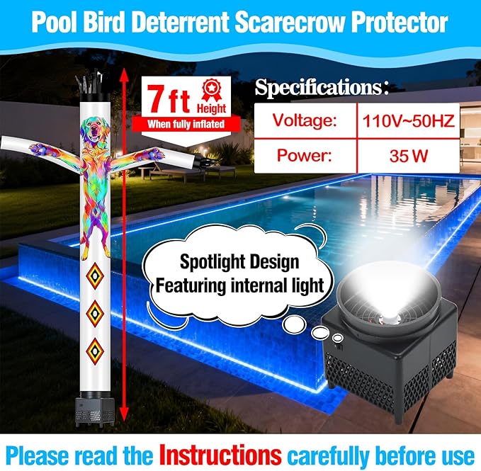Pool Bird Deterrent Scarecrow Protector 7 ft Automatic Swinging and Make a Sound Keep Birds/Ducks/Heron/Pigeons/Goose/Woodpecker/Crow/Sparrow Away Widly Used for PoolBackyard Boats House Roofs