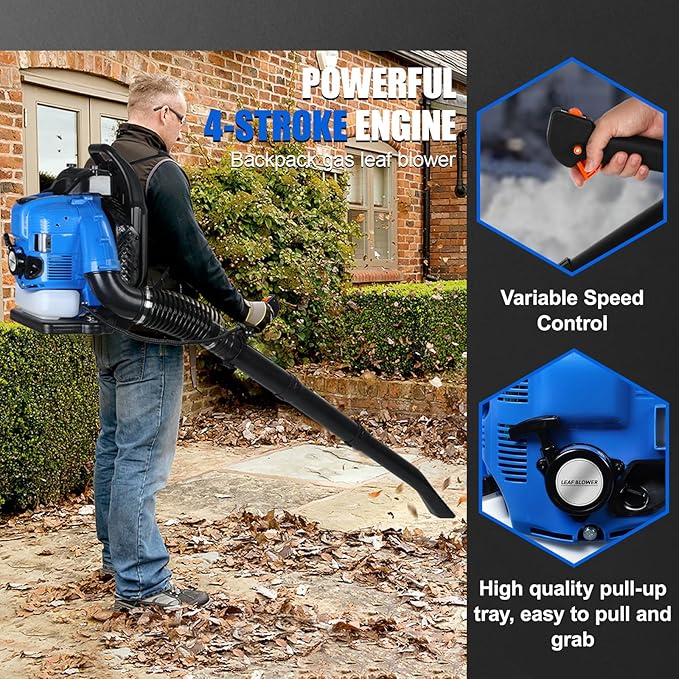 4-Cycle High Power Gas Backpack Leaf Blower5HP - 75.6CC Engine 750CFM Tornado-Like Airflow Adjustable Speed Ergonomic Design for Effortless Leaves Snow and Debris Cleanup