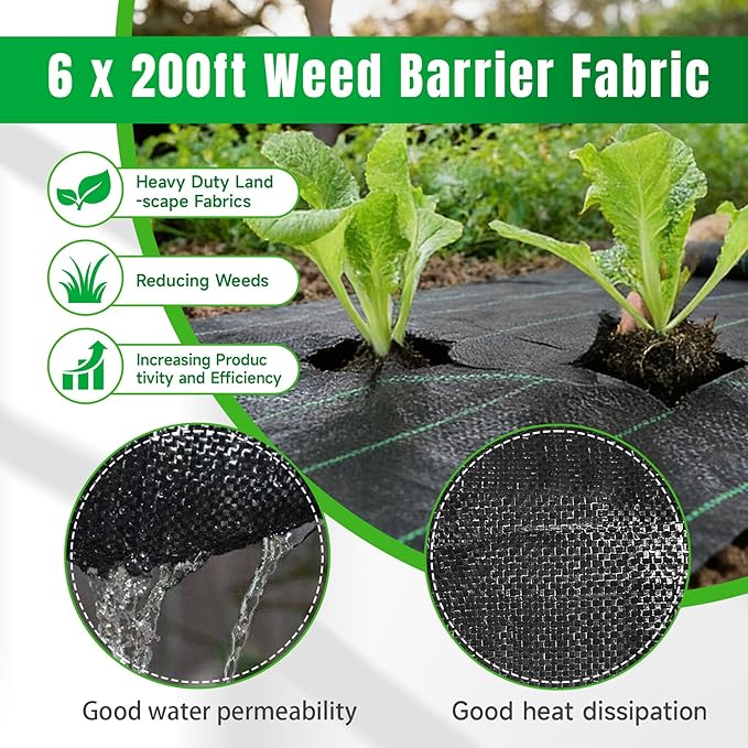 Weed Barrier Fabric Planting Cover - 6 x 200 FT Heavy Duty Landscape Fabric Ground Cover Block for Outdoor Planting
