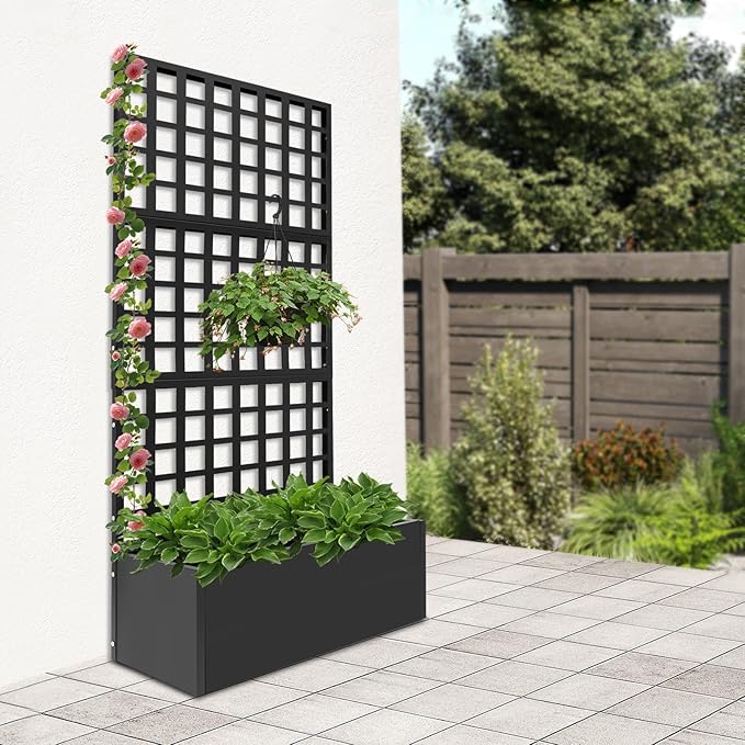 Metal Raised Garden Bed with Privacy Screen Standing Vertical Horticulture Trellis Planter Planter Box with Trellis - for Climbing Plants Vegetables Herbs &amp Flowers - 71x35x16 (Black)