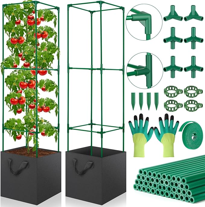 2 Pack Tomato Cages for Garden49-Inch Square Trellis Frame with 7 Gallon Grow Bags Plant Clips Tomato Plant Support Kit for Garden Raised Bed Cucumber Vegetable Climbing Outdoor Indoor
