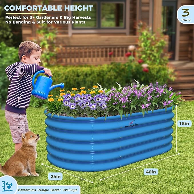 A ANLEOLIFE Kids Mini Raised Garden Beds Outdoor (3-Pack)-40x24x18in Oval Round Galvanized Metal Planter Box for Planting Vegetables Flowers Fruits Eco-Safe &amp Easy Setup Sky Blue