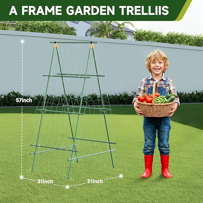 HIRALIY A Frame Cucumber Trellis for Climbing Plants Outdoor 57 x 31 Heavy Duty Metal Garden Trellis Rustproof Plant Support for Tomato Grape Bean Raised Bed and Vegetable Gardens Green