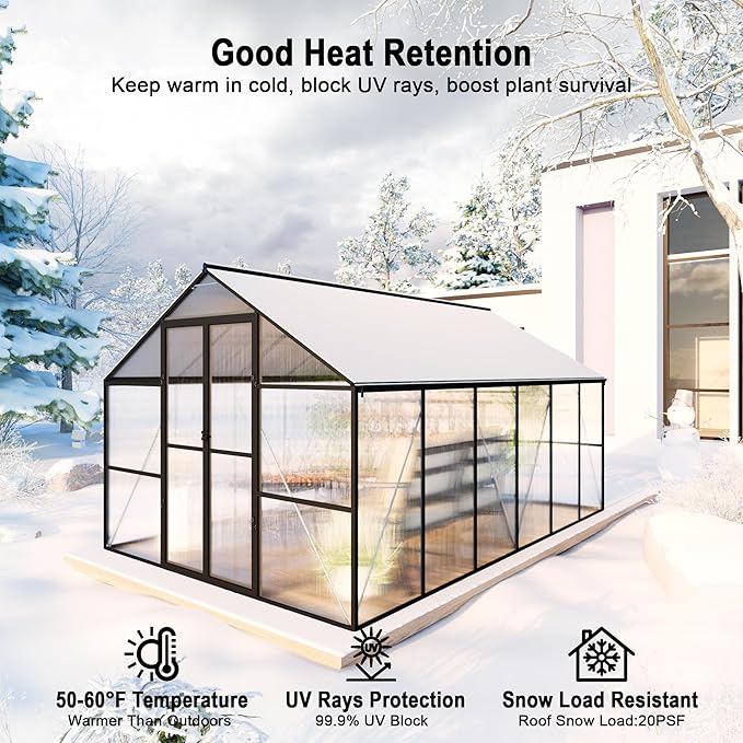 8X12 FT Polycarbonate Greenhouse 6 FT Height Aluminum Large Green Houses for Outside Heavy Duty Quick Setup Walk in Greenhouses with 2 Roof Vent and Rain Gutter for Outdoor Black (143Wx96Dx77H)