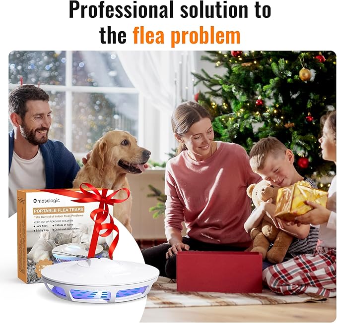 Mosalogic Electric Flea Trap and Killer for Inside Your Home Indoor Fly Light Trap-Natural and Child-Friendly Indoor Flea Control Solution for Home &amp Garage with 5 Glue Disc Refills
