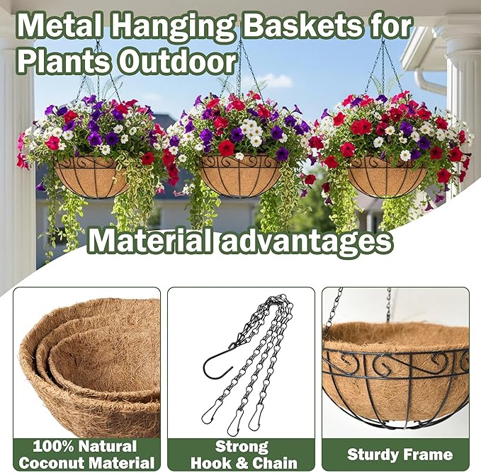 4 Pack 14 Inch Hanging Baskets for Plants Outdoor Metal Hanging Planter Basket with Coco Coir Liner Hanging Flower Pots Holder for Garden Patio(Flower)
