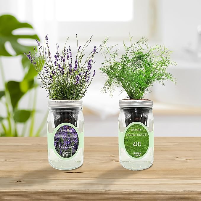 2-Pack Hydroponic Mason Jar Herb Garden Kit Indoor Herb Garden Self-Watering Starter Kit New Christmas Gift for Mom (LavenderRosemary)