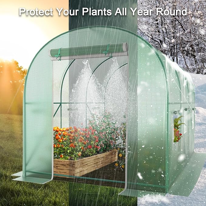 12x7x7 Walk-in Greenhouse with Watering System Heavy Duty Green House for Outdoors Portable Green Houses for Outside Winter Hot House with Metal Frame &amp Roll-up Zipper Door Screen Windows