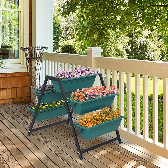 3 Tier Vertical Raised Garden BedPlastic &amp Metal Tiered Planter StandFoldable Indoor/Outdoor Plant Display RackFlower Planter Raised Standwith 5 Boxesfor Patio Lawn Porch Yard Balcony (Green)