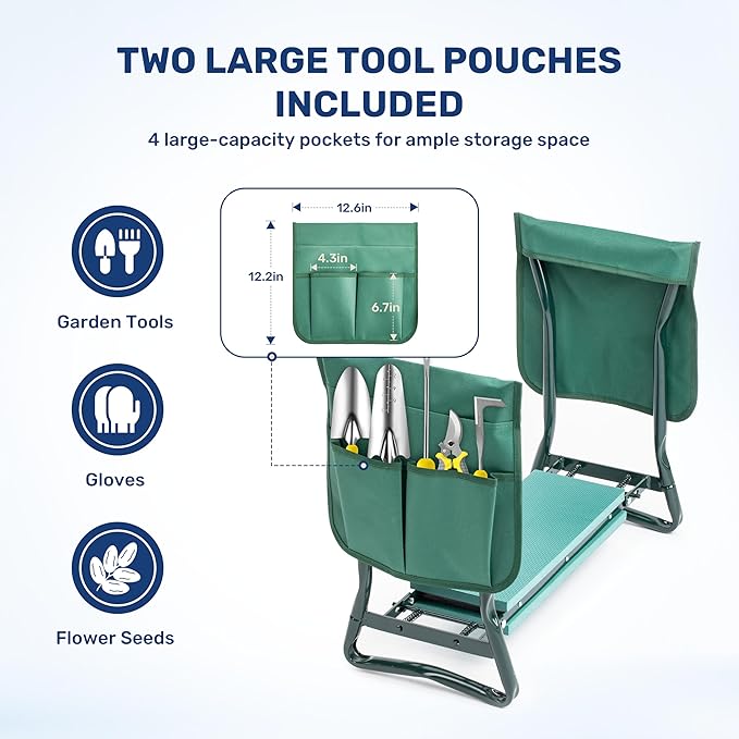 InfiniPower Garden Kneeler and Seat Foldable Kneeling Bench with Sturdy Soft EVA Foam Pad Hold Up to 330lb 2 Tool Pouches Included for Gardening Fishing Camping Green