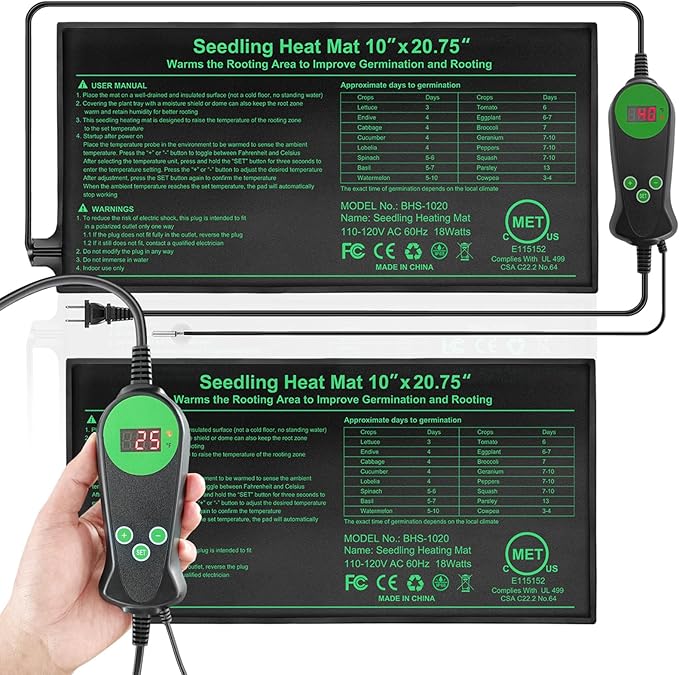 Seedling Heat Mat with Built-in Thermostat 2 Pack 10 x 20.75 Waterproof Plant Heating Pad with Temperature Controller for HydroponicGermination Indoor Gardening Greenhouse MET-Certified