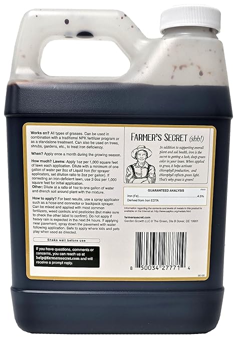 Farmer’s Secret Liquid Iron for Lawns and Gardens - Chelated Liquid Iron Supplement - For use on all Types of Grass Plants and Trees - Covers 32K Square Feet (32oz)