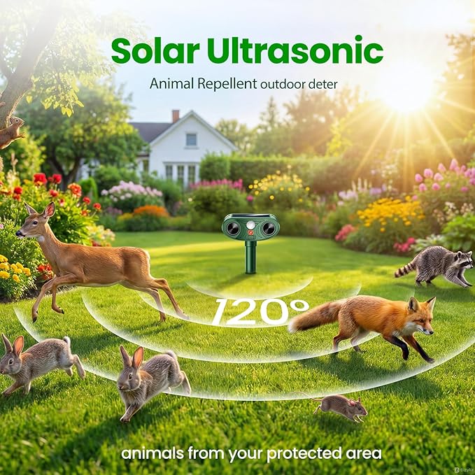 2026 Upgraded Ultrasonic Solar Animal Repellent Outdoor Deer Repellent Devices Squirrel Cat Raccoon Rabbit Dog Deterrent with Motion Sensor for Yard Garden Lawn