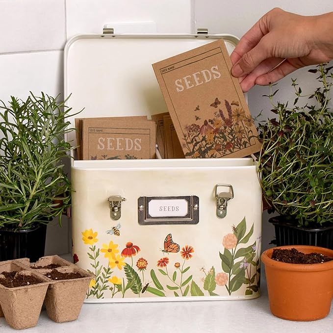 1Canoe2 Wildflower Botanicals Tin Seed Organizer Storage Box Garden Seed Packet Vault Container Gardening Supplies Greenhouse Accessories Gardening Gifts for Women